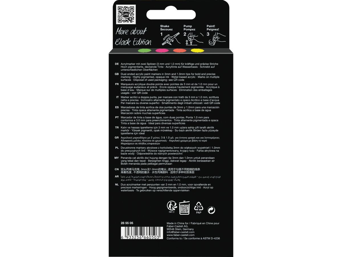 Acrylmarker Faber-Castell Black Edition Shake & Paint 4st.  Neon Kleuren - Afbeelding 3
