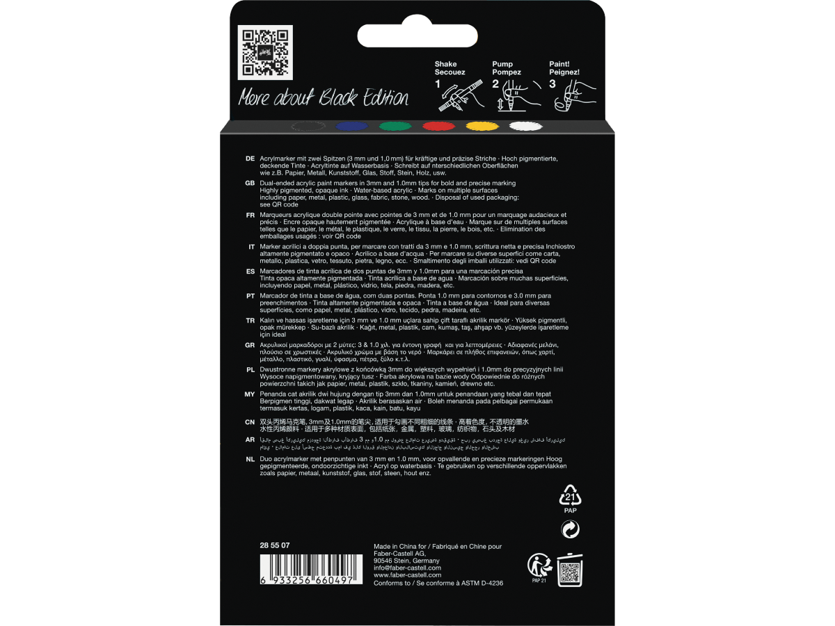 Acrylmarker Faber-Castell Black Edition Shake & Paint 6st.  standaard kleuren - Afbeelding 3