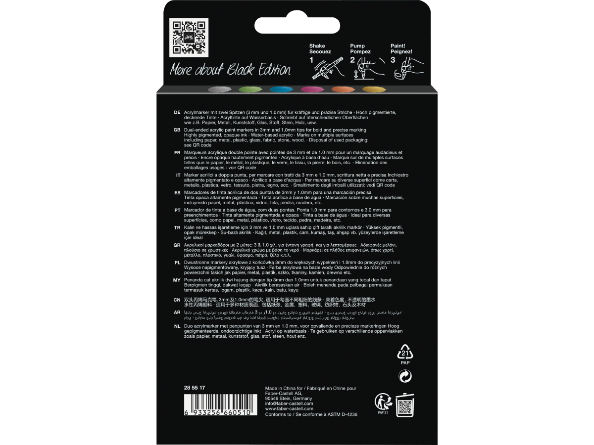 Acrylmarker Faber-Castell Black Edition Shake & Paint 6st.  Metallic Kleuren - Afbeelding 3