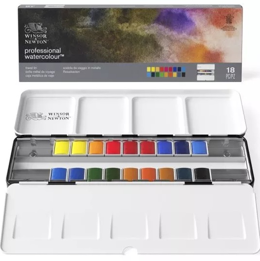 Winsor & Newton Professional Watercolour Aqurelverf 18 Halve Pan Reis set
