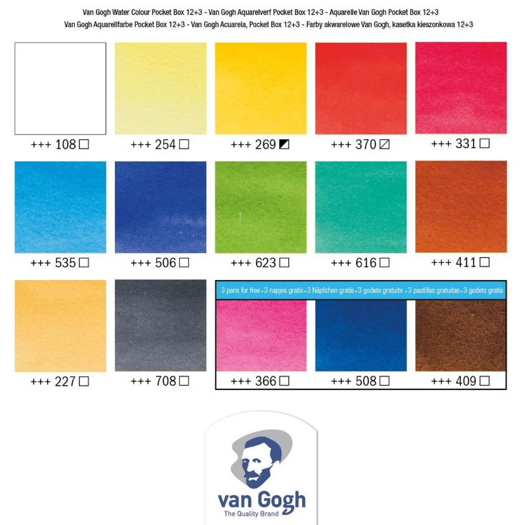 Van Gogh Aquarelverf pocket box Basic Colours met 12 kleuren in halve Napjes + 3 gratis kleuren - Afbeelding 3