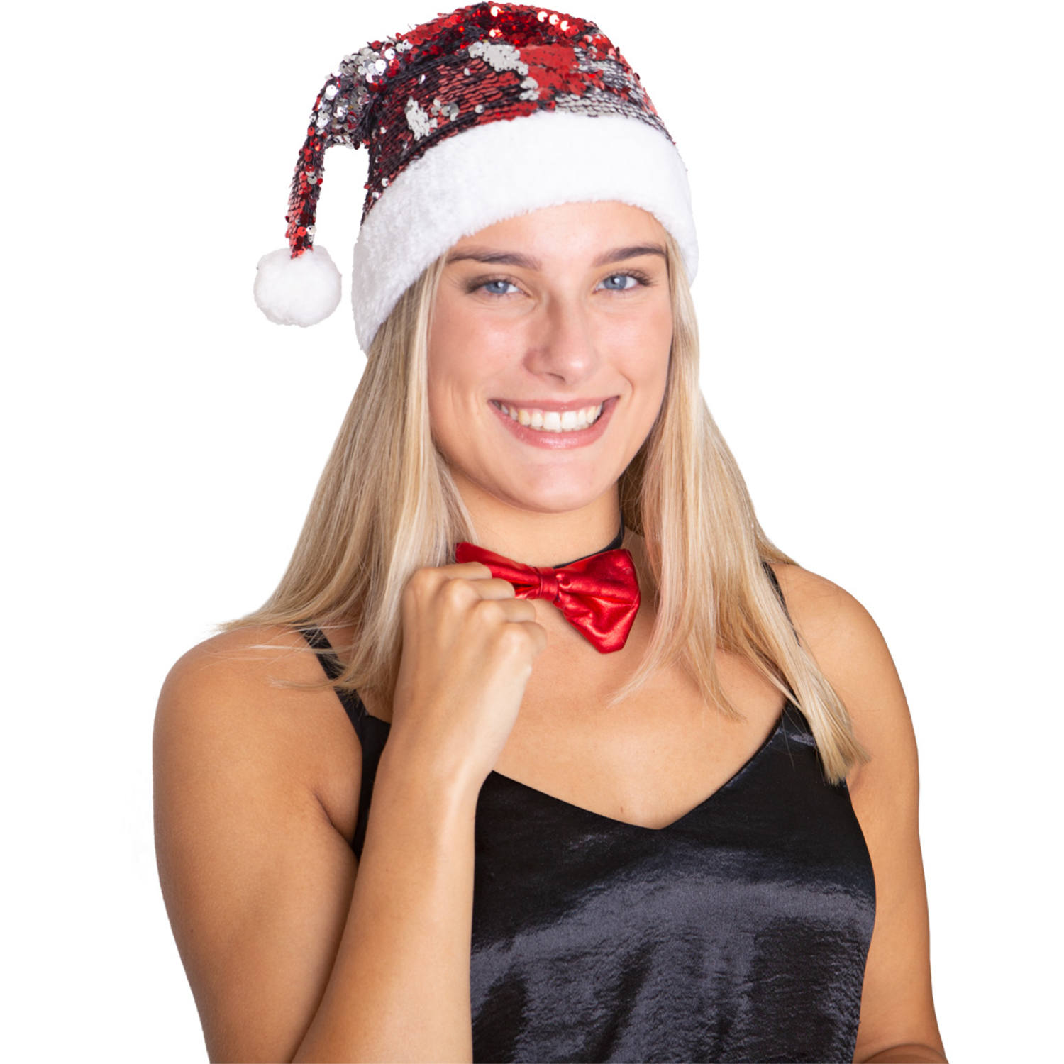 Kerstmuts Omkeerbare Pailletten Rood-Zilverkleurig acc12 - Afbeelding 2