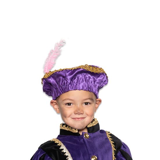 Pietbaret satijn met veer paars acc5