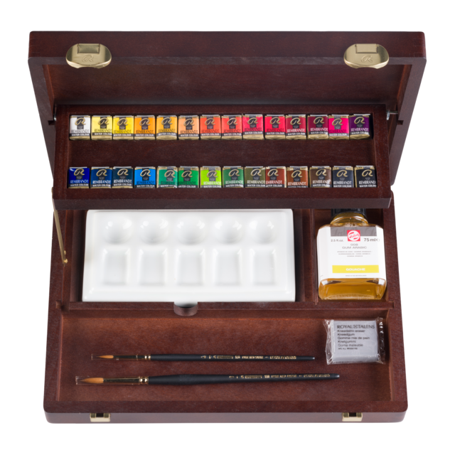 Rembrandt Professionele aquarelverf, kist Professional, 28 halve Napjes + 7 accessoires, algemene kleurenselectie