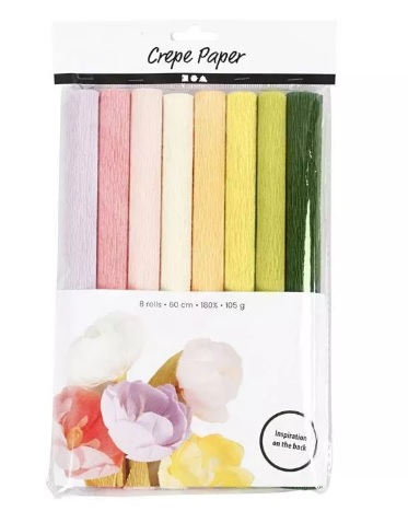 Crêpepapier, vel 25x60 cm, Crêpe-verhouding: 180%, 105 gr, pastelkleuren, 8 vel/ 1 doos