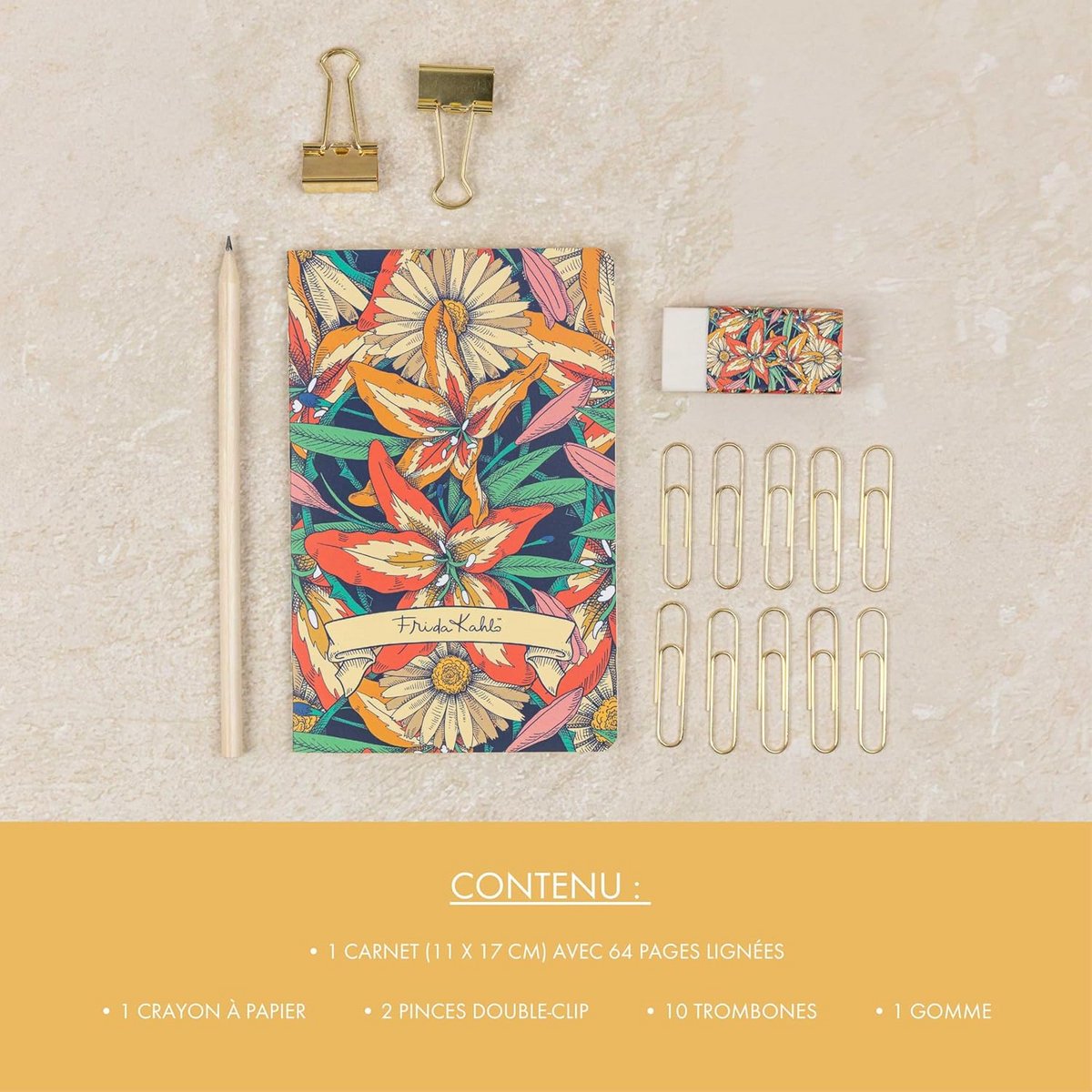 Frida Kahlo, schrijfwarenset met een notitieboek 11x17 cm, 64 gelijnde pagina's, een potlood, 2 dubbele klemmen, 10 paperclips en een gum - Afbeelding 2