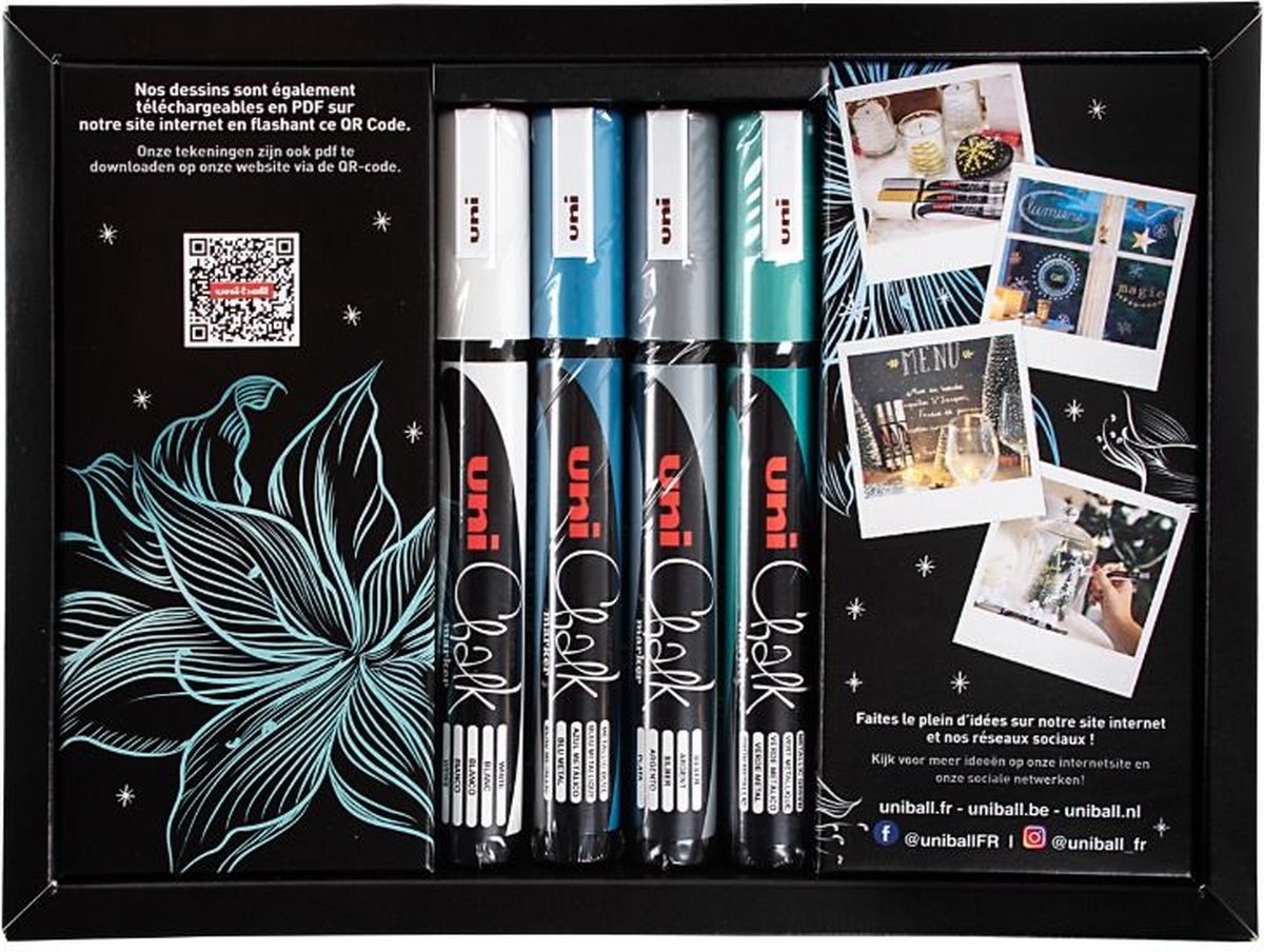 Uni-ball Krijtstiften set 4x Metallic Koele Tinten 1.8-2.5mm Met 8 Gratis Voorbeelden - Afbeelding 1