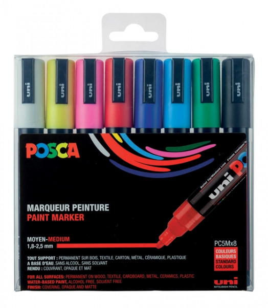 Posca Etui met 8 Markers met conische punt medium, Zwart - Wit - Rood - Donkerblauw - Geel - Donkergroen - Roze - Lichtblauw