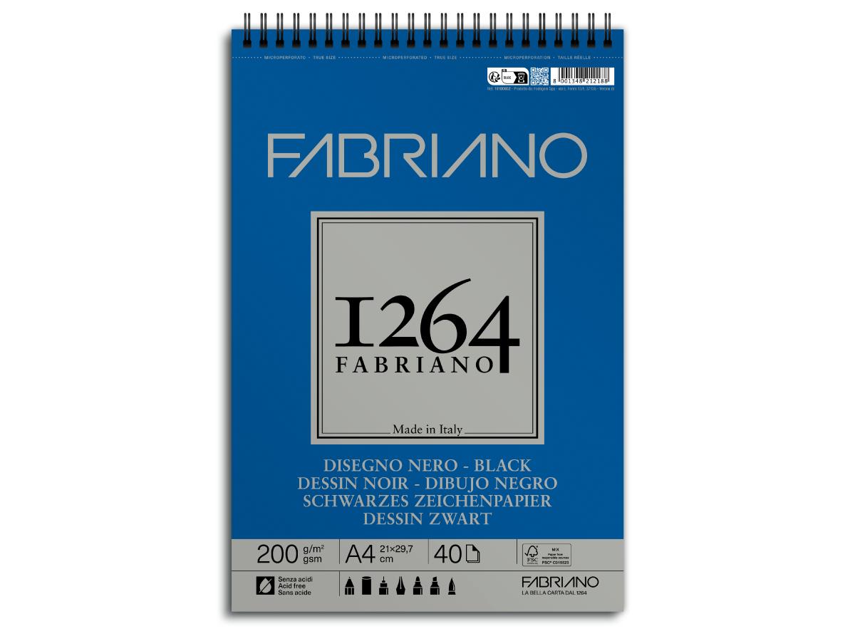 Fabriano 1264 Zwart Tekenpapier A4 Spiraal 200gr. 40vel.