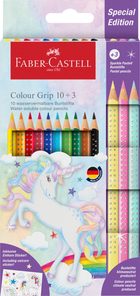 Kleurpotlood Faber-Castell Grip Unicorn 10 colour grip + 3  sparkle pastel kleurpotloden inclusief unicorn stickers