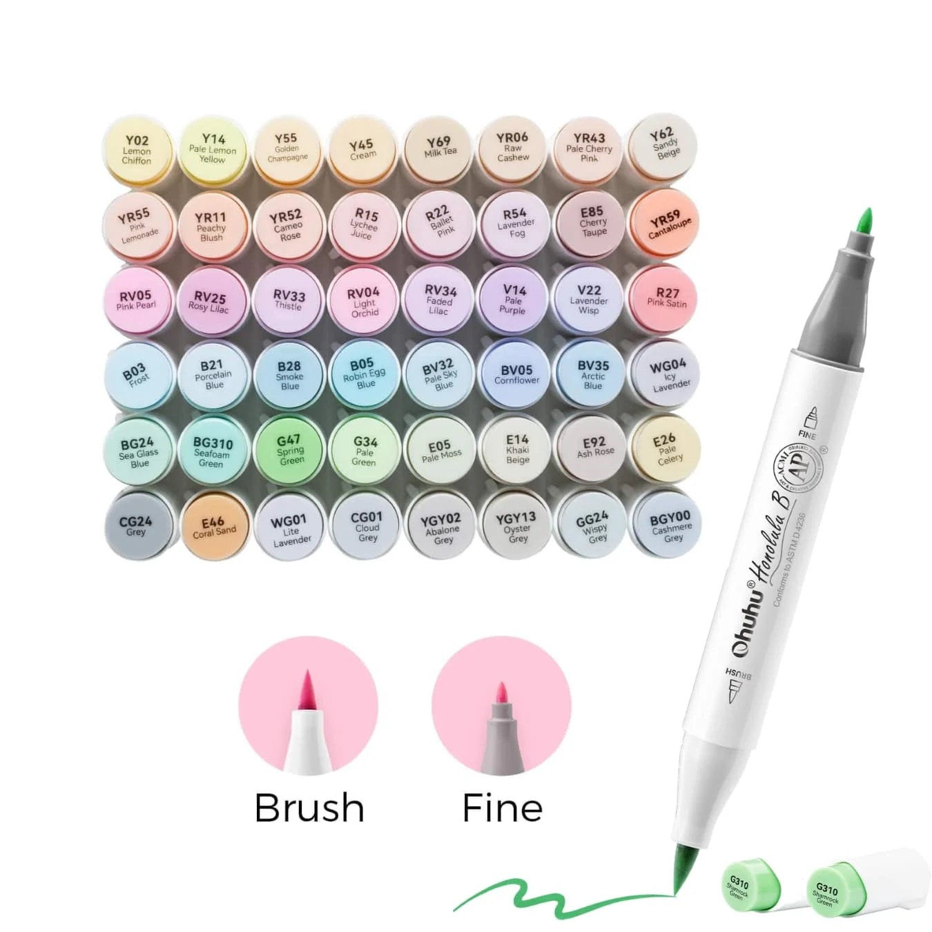 Ohuhu Honolulul B 48 Kleuren Pastel Penseel en Fijne Punt