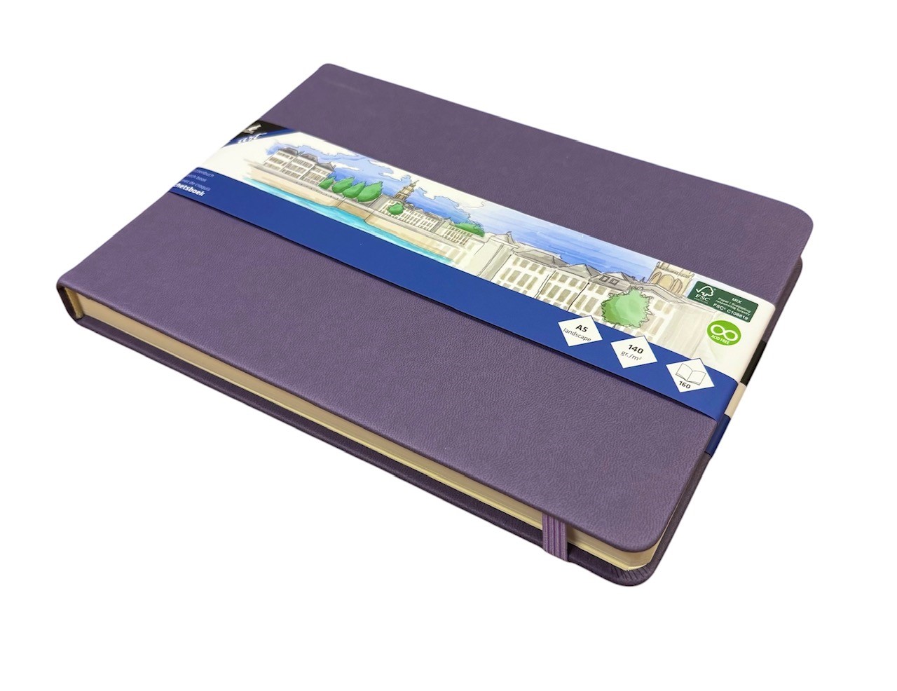 Schetsboek Kangaro A5 landscape heather purple 80 vel 140gr roomwit met elastiek en lint