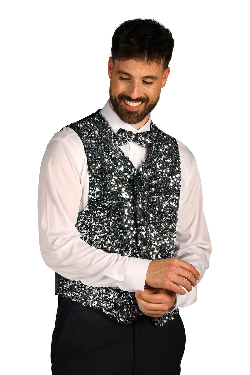 Heren Paillettenvest/Gilet "West End" Zilver/Zwart