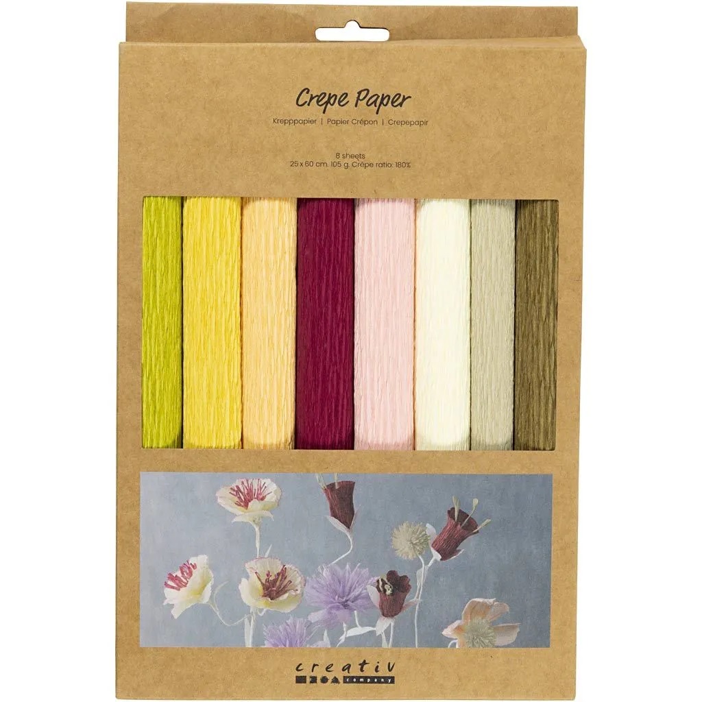 Crêpepapier, vel 25x60 cm, Crêpe-verhouding: 180%, 105 gr, pastelkleuren, 8 vel/ 1 doos