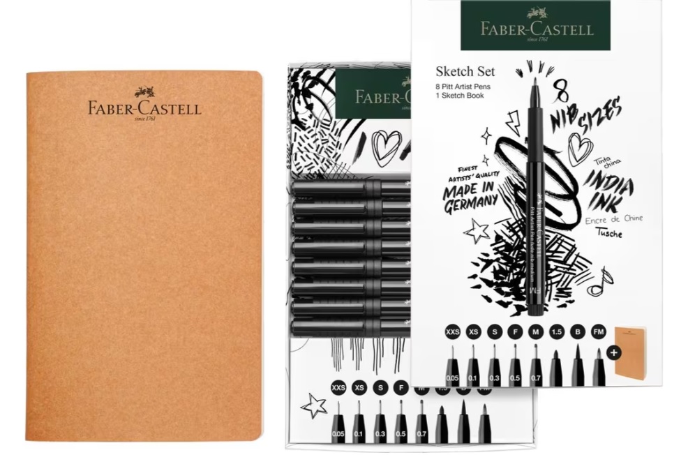 Tekenset Faber-Castell 8x pitt artist pen zwart incl. schetsboek 140gr. wit (maten pennen: XXS, XS, S, F, M, 1.5, B, FM)