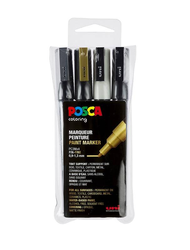 Posca Etui met 4 Markers met conische punt fijn, Goud - Zilver - Wit - Zwart