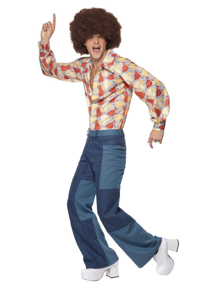 1970s Retro Kostuum Blauw Shirt en Patchwork Denim Broek
