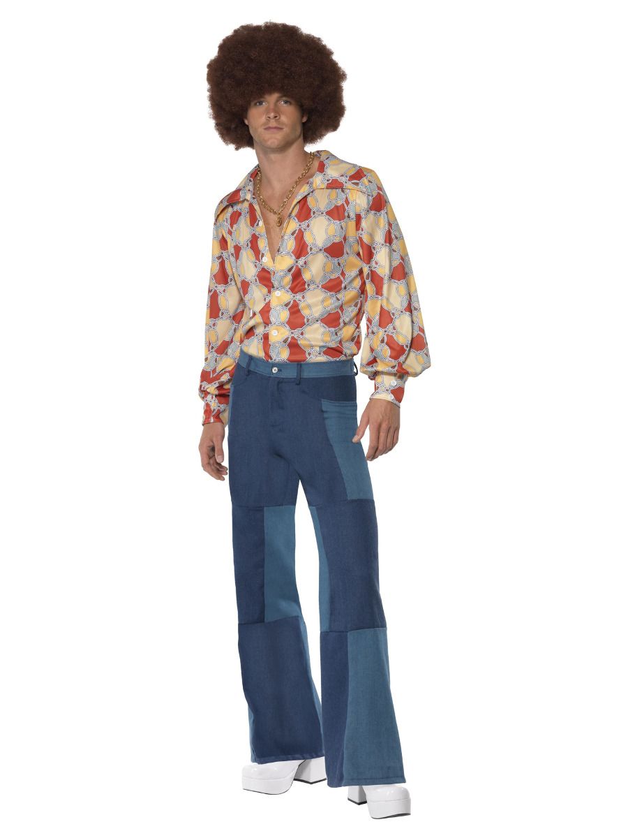 1970s Retro Kostuum Blauw Shirt en Patchwork Denim Broek - Afbeelding 1