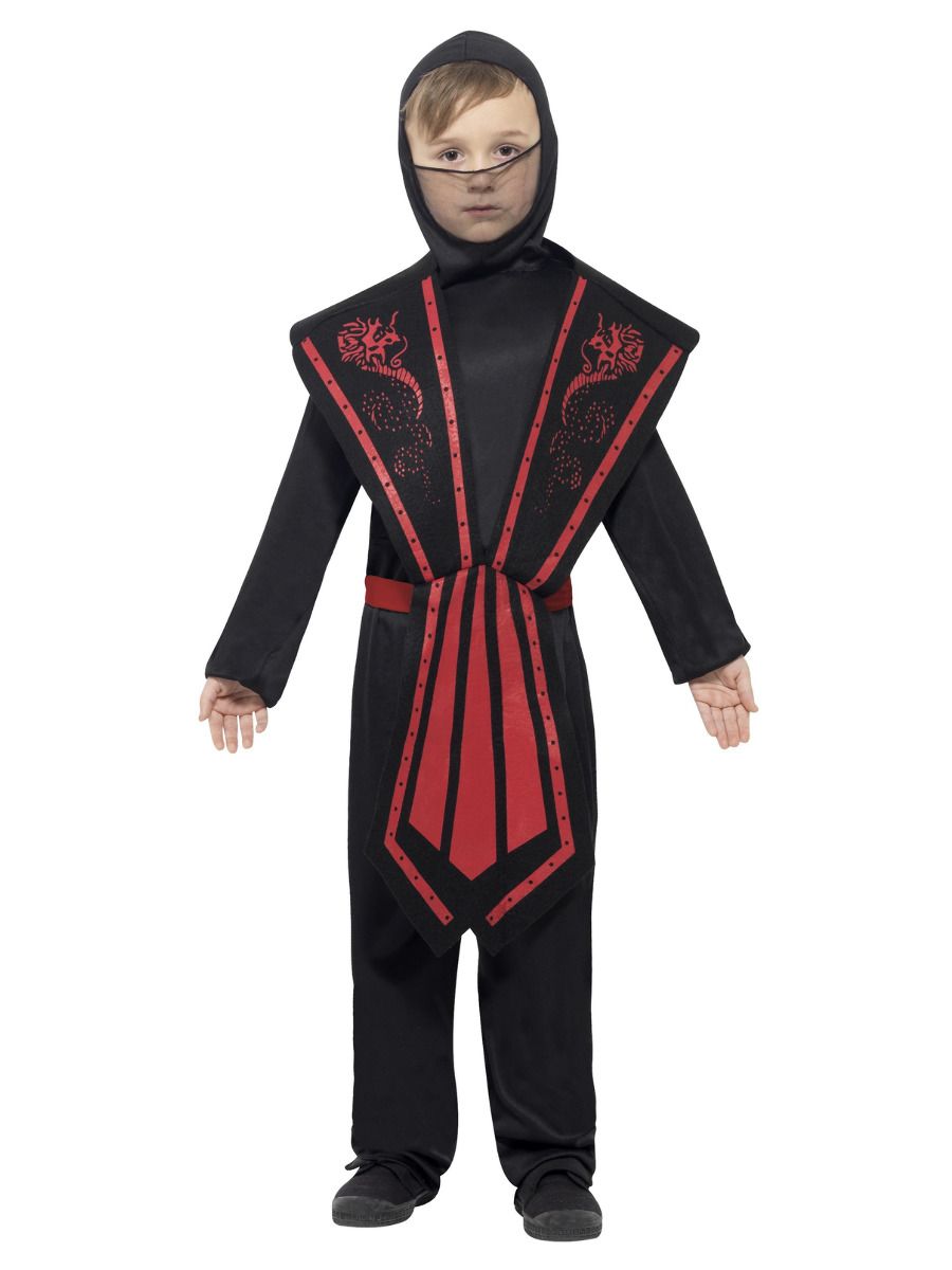 Ninja Kostuum Kind Zwart Jumpsuit met muts, riem en band. Mt. L