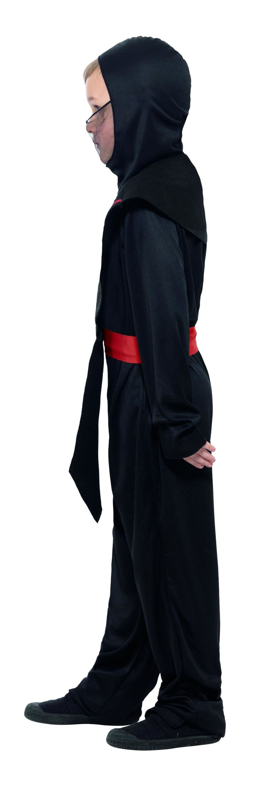 Ninja Kostuum Kind Zwart Jumpsuit met muts, riem en band. Mt. L - Afbeelding 2