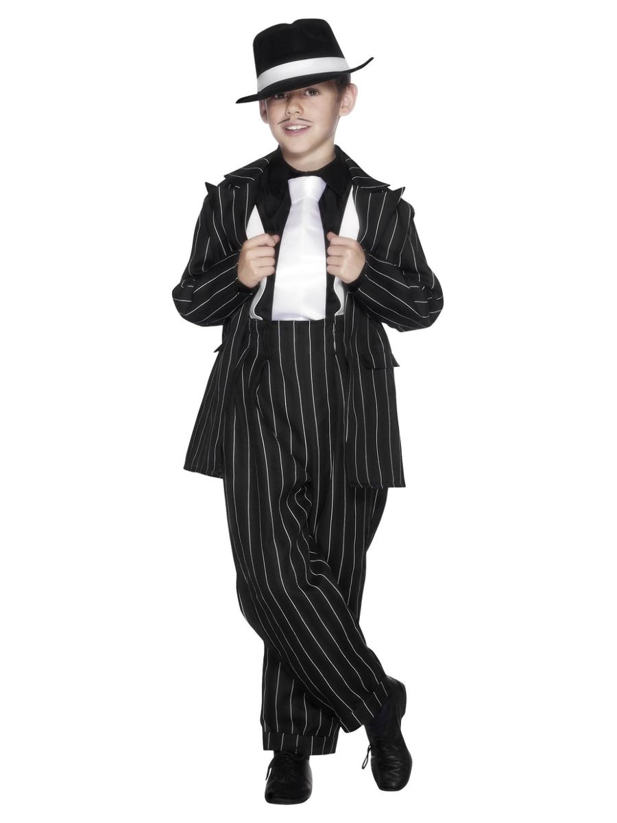 Gangster Kostuum Kinderen Zwart Met Jasje, Broek en Bretels mt. L