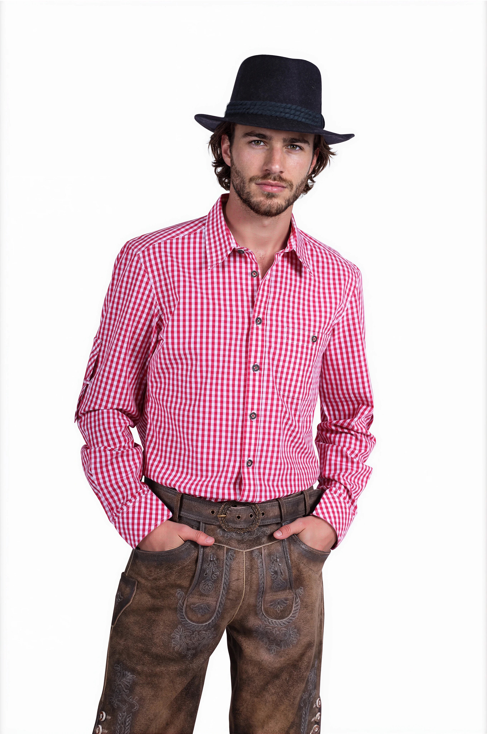 Tiroler blouse Trachtenhemd ''Maximillian'', Rood-Wit, Blouse