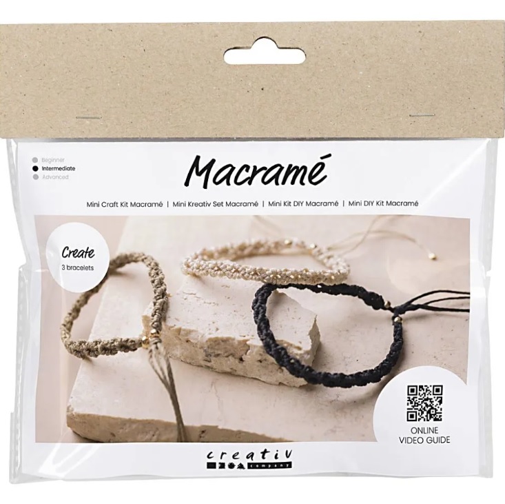 Mini Hobbyset Macramé, Armband, zwart, olijfbruin, zandkleur, 1 doos
