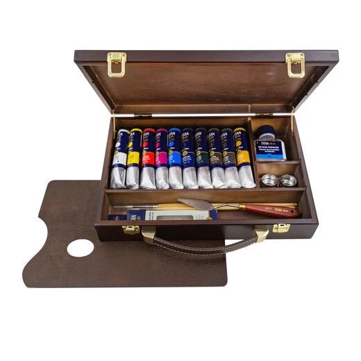 TITAN Arts Extra Fijn Olieverfset in Houten Kist | 10x 60 ml + accessoires