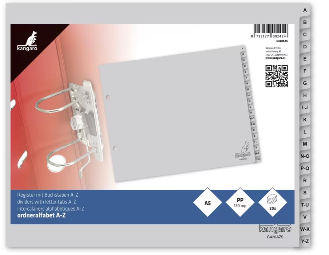Tabblad Kangaro ordneralfabet A-Z PP 120mµ 2-gaats 20-delig - Afbeelding 2