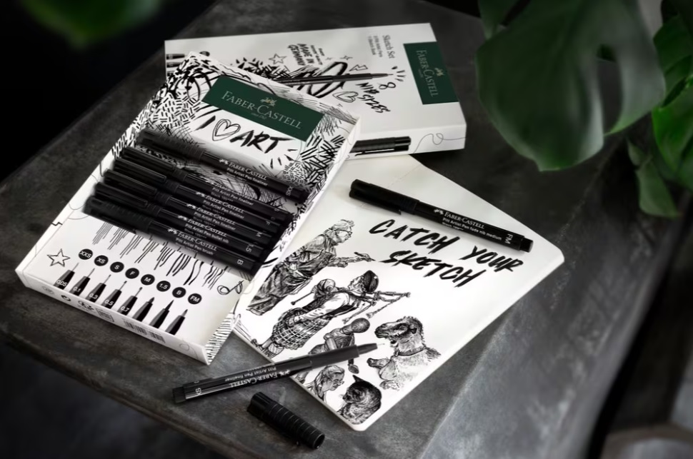 Tekenset Faber-Castell 8x pitt artist pen zwart incl. schetsboek 140gr. wit (maten pennen: XXS, XS, S, F, M, 1.5, B, FM) - Afbeelding 2