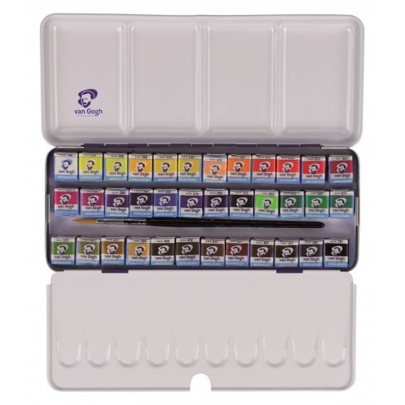 Van Gogh Aquarelverf set in metalen blik met 36 kleuren in halve Napjes + 1 penseel - Afbeelding 1