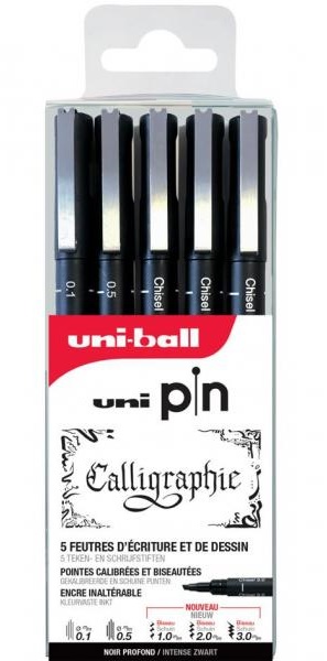 Etui met 5 fineliners met gekalibreerde punt - Schuine punt 1/2/3 mm + 0.1/0.5