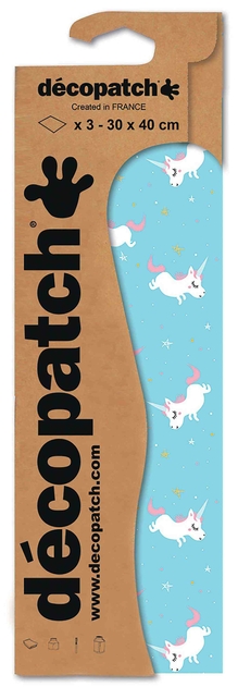 Décopatch Papier 3 Vellen Unicorn/Eenhoorn Lichtblauw 30x40cm