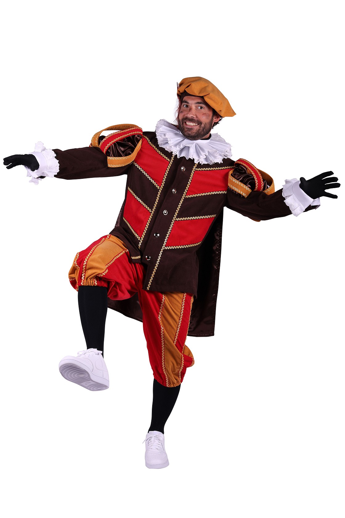 Piet ribfluweel met cape "Pamplona" Bruin/Rood/Goud mt. L - Afbeelding 1