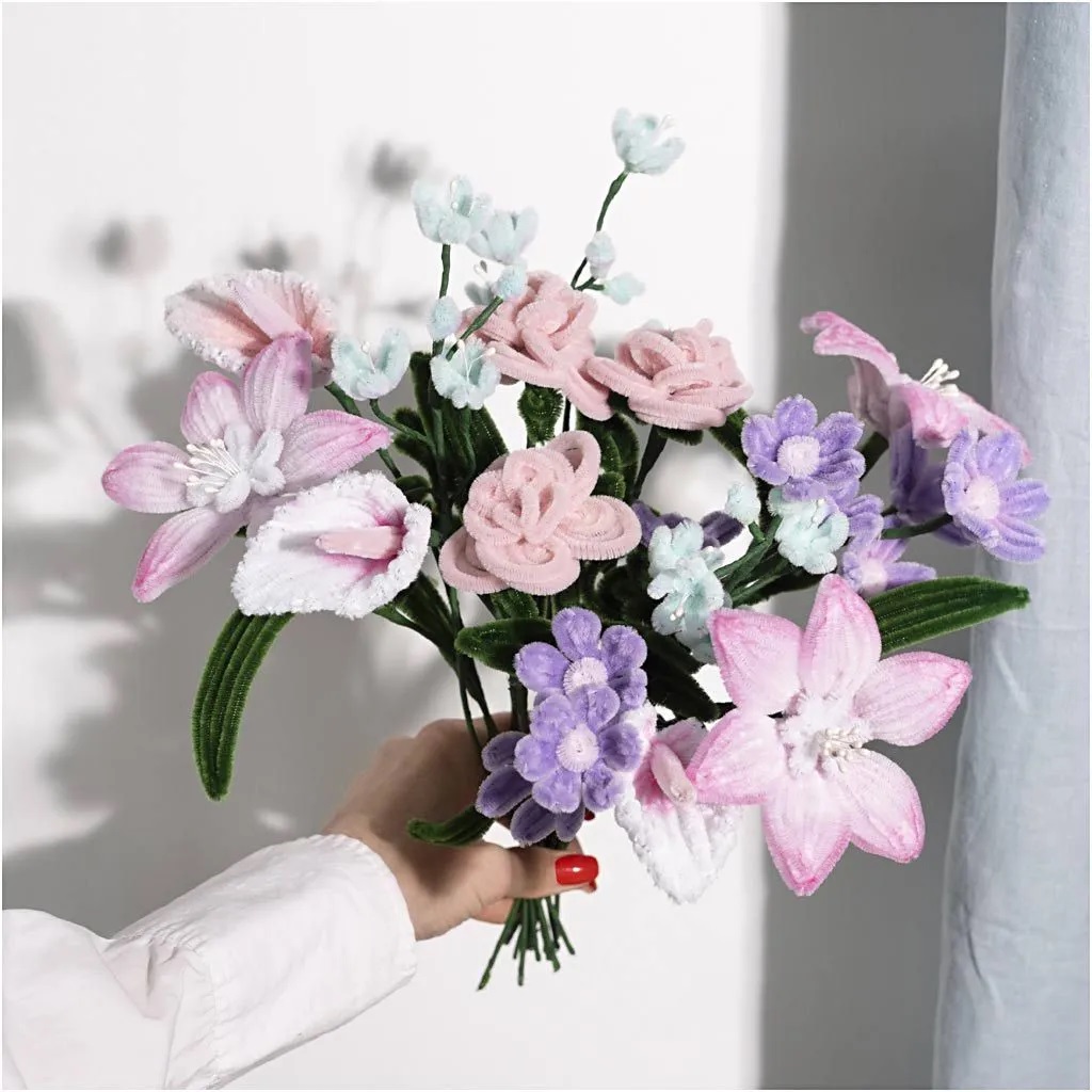 Hobbyset Bloemen van Chenilledraad, Bloemen, pastelkleuren, 1 doos - Afbeelding 3