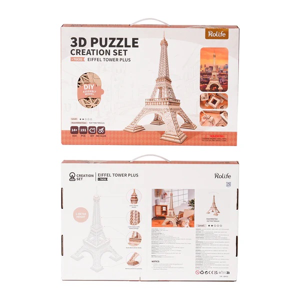 AB DIY Robotime, 3D Houten Puzzel Eiffeltoren PLUS, 42,6×44,6×99,6cm - Afbeelding 3