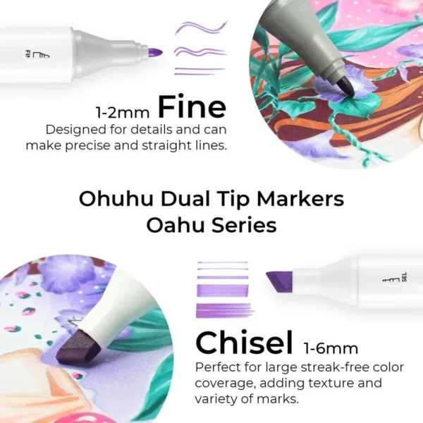 Ohuhu Oahu 320 kleuren Alcohol Art Markers Fijn & Beitelpunt - Afbeelding 3