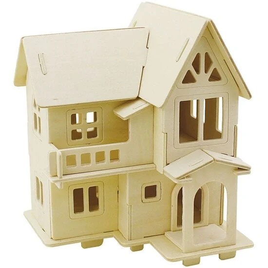 3D Houten Constructie Set, Huis met balkon, afm 15,8x17,5x19,5, 1 stuk
