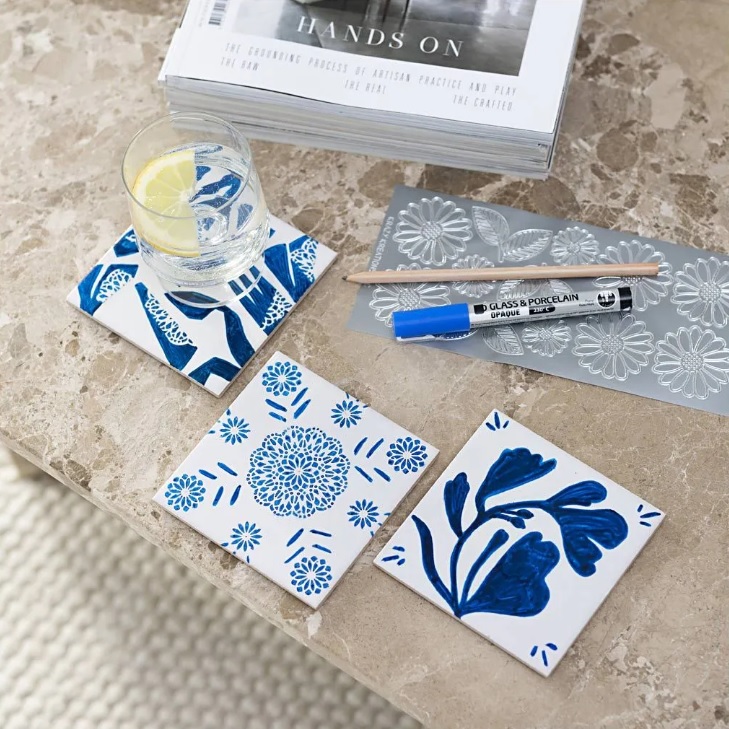 Mini Hobbyset Decoratie, Porseleinen onderzetters, blauw, 1 doos - Afbeelding 3
