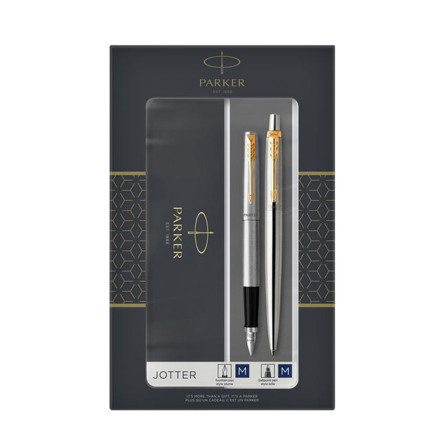 Balpen en vulpen Parker Jotter stainless steel GT medium 2 Set