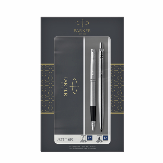 Balpen en vulpen Parker Jotter stainless steel CT medium Set