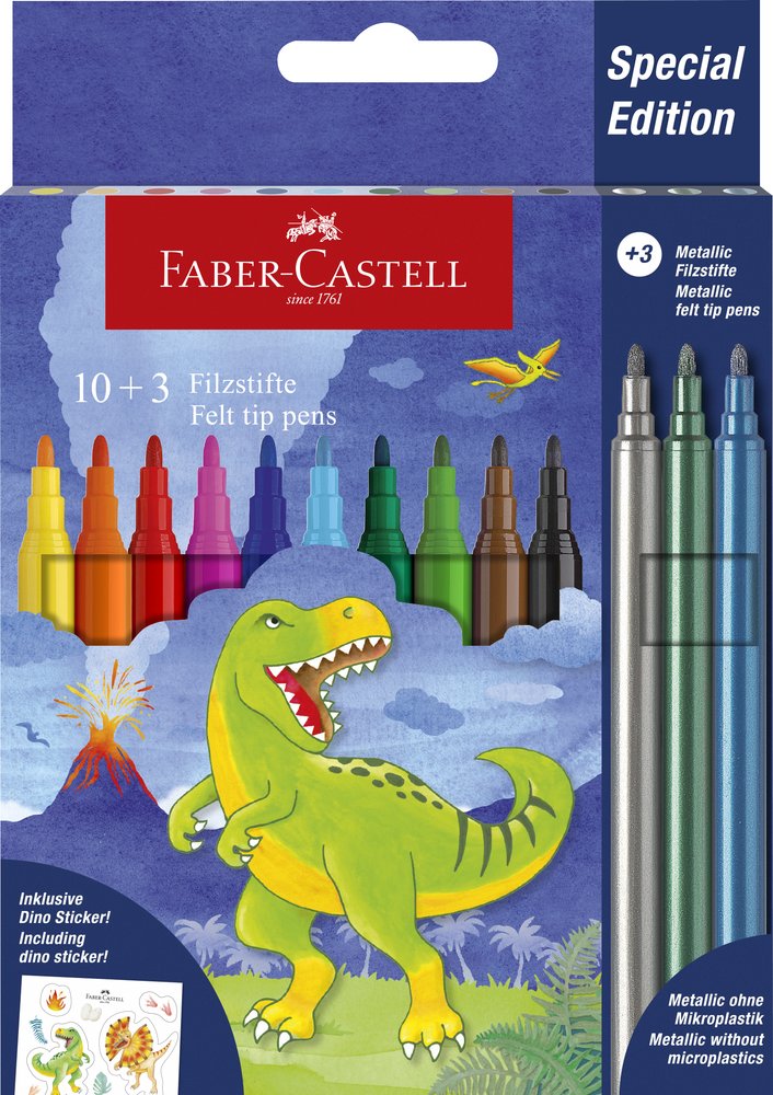 Viltstift Faber-Castell Dino 10x stand. Kleur+3x metallic   kleur incl. Dino stickers in karton etui