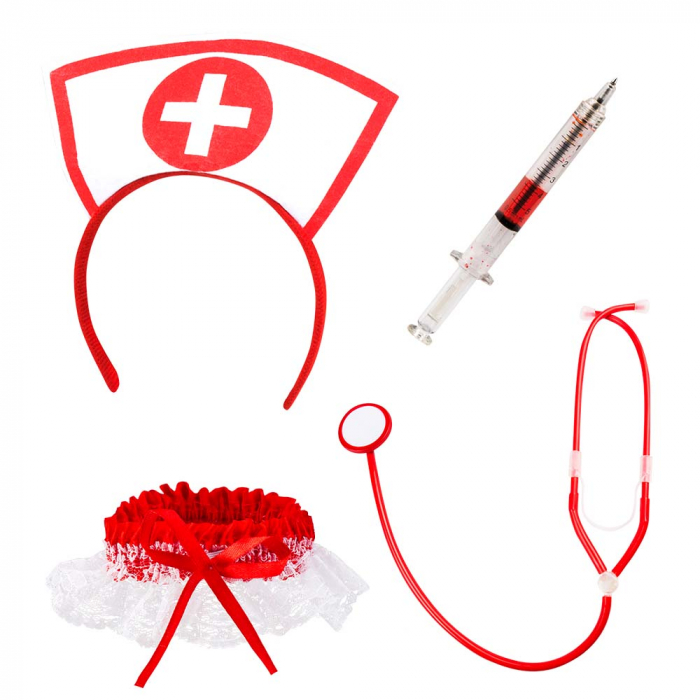 Set Verpleegster (tiara, stethocsoop en kouseband met spuitje/pen) - Afbeelding 1