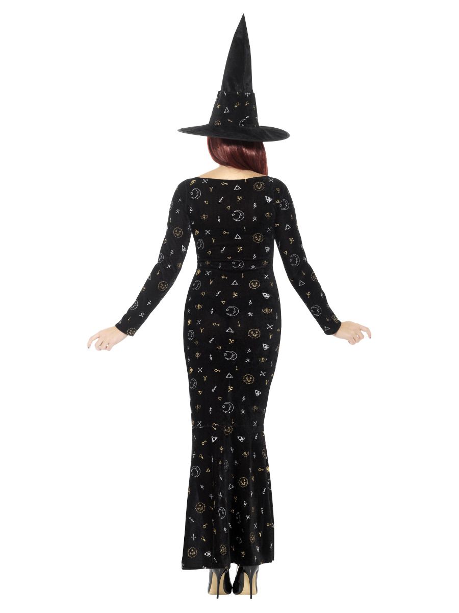 Luxe Zwarte Magie Ouija Heks Kostuum Zwart Met Velour Jurk & Hoed - Afbeelding 2