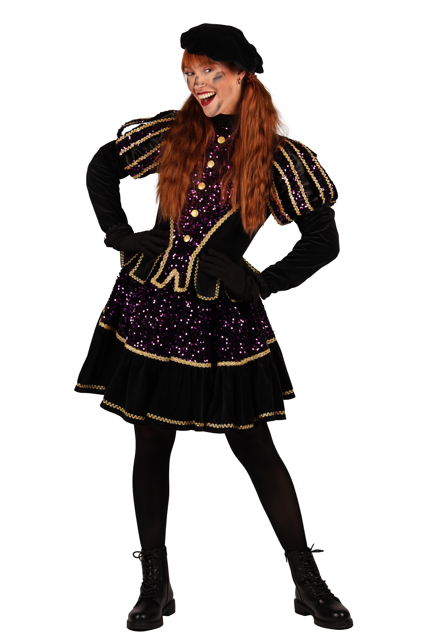 Dames Piet Kostuum Altea Zwart-Paars mt. L
