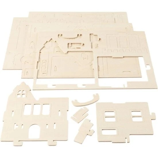 3D Houten Constructie Set, Huis met balkon, afm 15,8x17,5x19,5, 1 stuk - Afbeelding 1