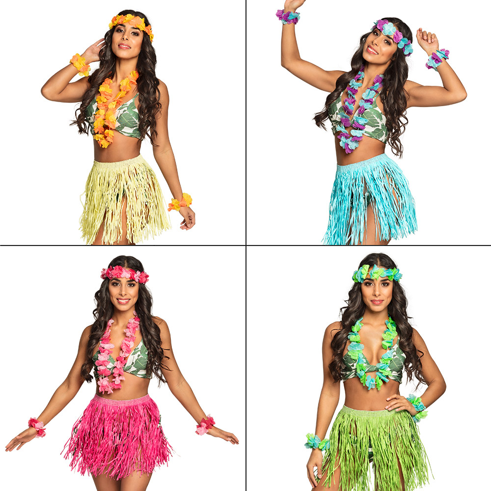 Set Kalia 4 kleuren ass. (hoofdband, hawaïkrans, 2 armbanden en rokje)