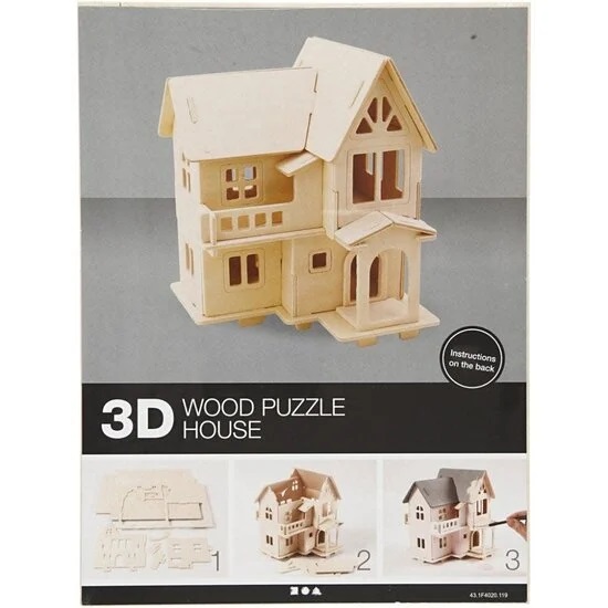 3D Houten Constructie Set, Huis met balkon, afm 15,8x17,5x19,5, 1 stuk - Afbeelding 2