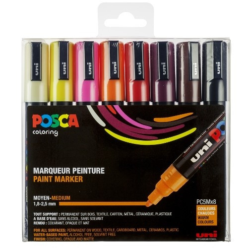 Posca Etui met 8 Markers met conische punt medium, Ivoor - Zwart - Geel - Roze - Oranje - Rood - Droesem van wijn- Bruin