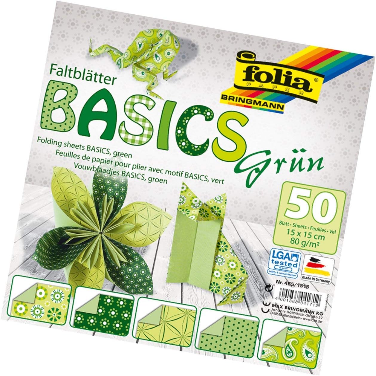 Folia Origami Vouwbladen 15x15cm 5 Motieven Groen 50vel. 80gr.